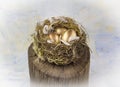 Three golden nest eggs on wooden post against blue painted background Royalty Free Stock Photo