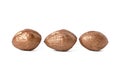 Three golden nuts on white isolated background