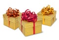 Three golden present gift boxes