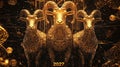 Three golden rams with 2027 text and sparkling background Royalty Free Stock Photo