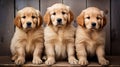 three golden retriever puppies, lined up sweetly, sitting in front of the door waiting for their owner, Generate AI