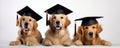 Three Golden Retrievers In Graduation Hats