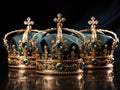 three golden royal crowns with precious stones with blue velvet