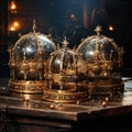 three golden royal crowns with precious stones with