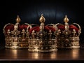 three golden royal crowns with precious stones with red velvet