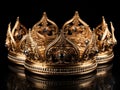 three golden royal crowns with precious stones with