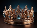 three golden royal crowns with precious stones with