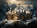 three golden royal crowns with precious stones with