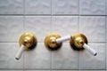 Three golden shower valve handles Royalty Free Stock Photo