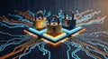 Three golden and silver padlocks symbolizing cybersecurity data protection and digital encryption on a circuit board Royalty Free Stock Photo