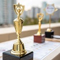 Golden Trophies on a Table with Blurred City Background trophy award Royalty Free Stock Photo