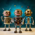 Three golden vintage Toy Robots in a row Royalty Free Stock Photo