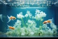 three goldfish swimming in a clear rectangular aquarium