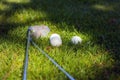 Three golf balls and golf clubs on green Royalty Free Stock Photo