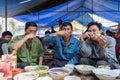 Three good friends cheers and drink during lunch break Royalty Free Stock Photo