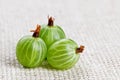 Three gooseberry fruit, on gray linen cloth Royalty Free Stock Photo