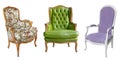 Three gorgeous vintage armchairs isolated on white background. Armchairs with color, green and purple upholstery