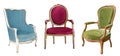 Three gorgeous vintage armchairs isolated on white background. Chairs with blue, red and green upholstery