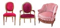 Three gorgeous vintage armchairs isolated on white background. Chairs with red and rose upholstery