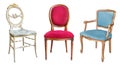 Three gorgeous vintage chairs isolated on white background. Chairs with blue, red and white upholstery