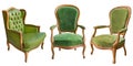 Three gorgeous vintage green armchairs isolated on white background Royalty Free Stock Photo