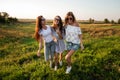 Three gorgeous young women in sunglasses dressed in the beautiful clothes stand in the field and smiling on a sunny day. Royalty Free Stock Photo