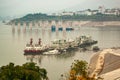 Closeup of Tugboats and office pontoons Three Gorges Dam, China