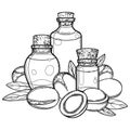 Three graphic oil bottles surrounded by argan plants