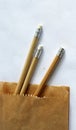 Three graphite pencils in craft brown paper bag Royalty Free Stock Photo