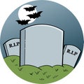 Three gravestones in a graveyard under a full moon with flying bats. Royalty Free Stock Photo