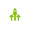 Three green arrows up with rocket icon. Isolated on white. Launch icon. Upgrade sign. Fast growth symbol