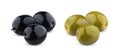 Three green and black olives isolated on white background with clipping path Royalty Free Stock Photo