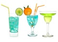 Three green Blue Hawaiian Cosmopolitan Mojito tropical cocktail Royalty Free Stock Photo