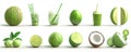 Three green coconuts are placed on a white background and have straws in them Royalty Free Stock Photo