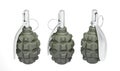 Three green frag grenades on white background