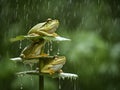 Three green frogs on leaves of plant during rainy season
