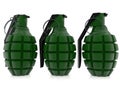 Three green hand grenades in one row on a white