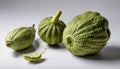 Three green melons on a white table Royalty Free Stock Photo