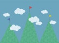 Three green mountains with a pattenre deciduous trees of different heights multi-colored flags on tops white clouds blue sky compe Royalty Free Stock Photo