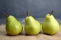 Three green pears of the same sort are standing next to each other on sackcloth