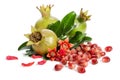 Three green pomegranates, seeds and leaves with petals Royalty Free Stock Photo