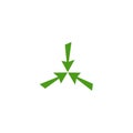 Three green shabby arrows point to the center. Triple Collide Arrows icon.