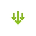 Three green squared arrows down icon. download sign. Fall, decrease