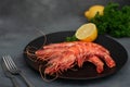 Three 3 grilled giant river prawn on black plate, dark gray stone table. Royalty Free Stock Photo