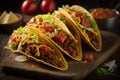 Three Ground Beef Tacos in crispy corn tortilla shells with lettuce, cheese and tomatoes Royalty Free Stock Photo