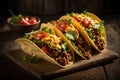 Three Ground Beef Tacos in crispy corn tortilla shells with lettuce, cheese and tomatoes Royalty Free Stock Photo