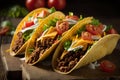 Three Ground Beef Tacos in crispy corn tortilla shells with lettuce, cheese and tomatoes Royalty Free Stock Photo