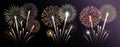 Three groups of realistic fireworks isolated on transparent background. Vector illustration. Royalty Free Stock Photo