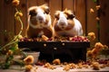 three guinea pigs eating together from a feeder Royalty Free Stock Photo