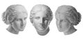 Three gypsum copy of ancient statue Venus head isolated on white background. Plaster sculpture woman face.